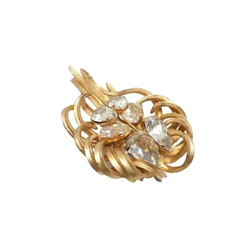 Crystal Textured Leaf Filigree Brooch Pin Gold Tone Vintage